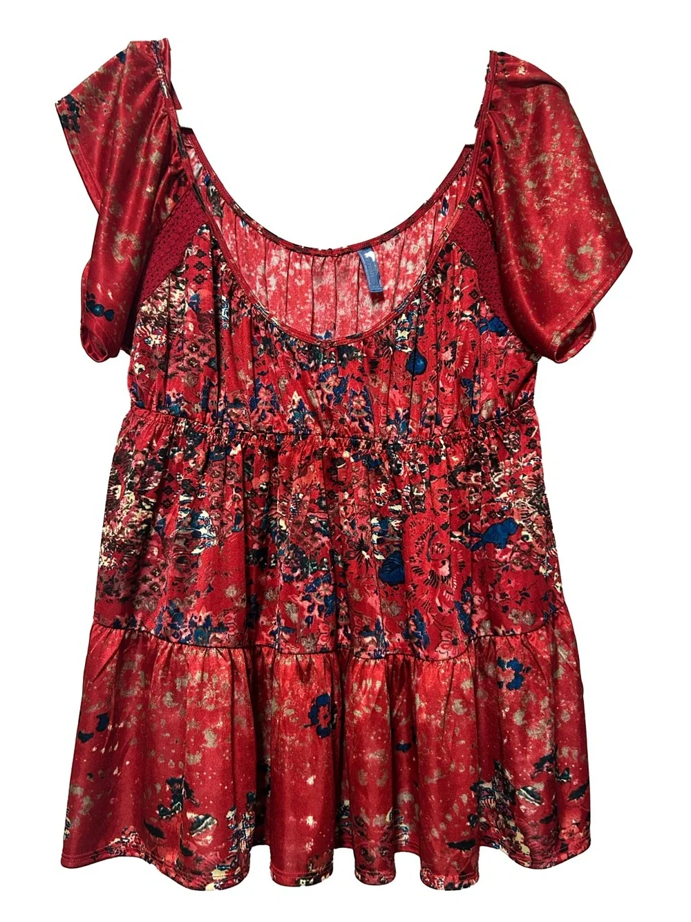 Free People Red Floral Tiered Tunic Top with Blue Accents